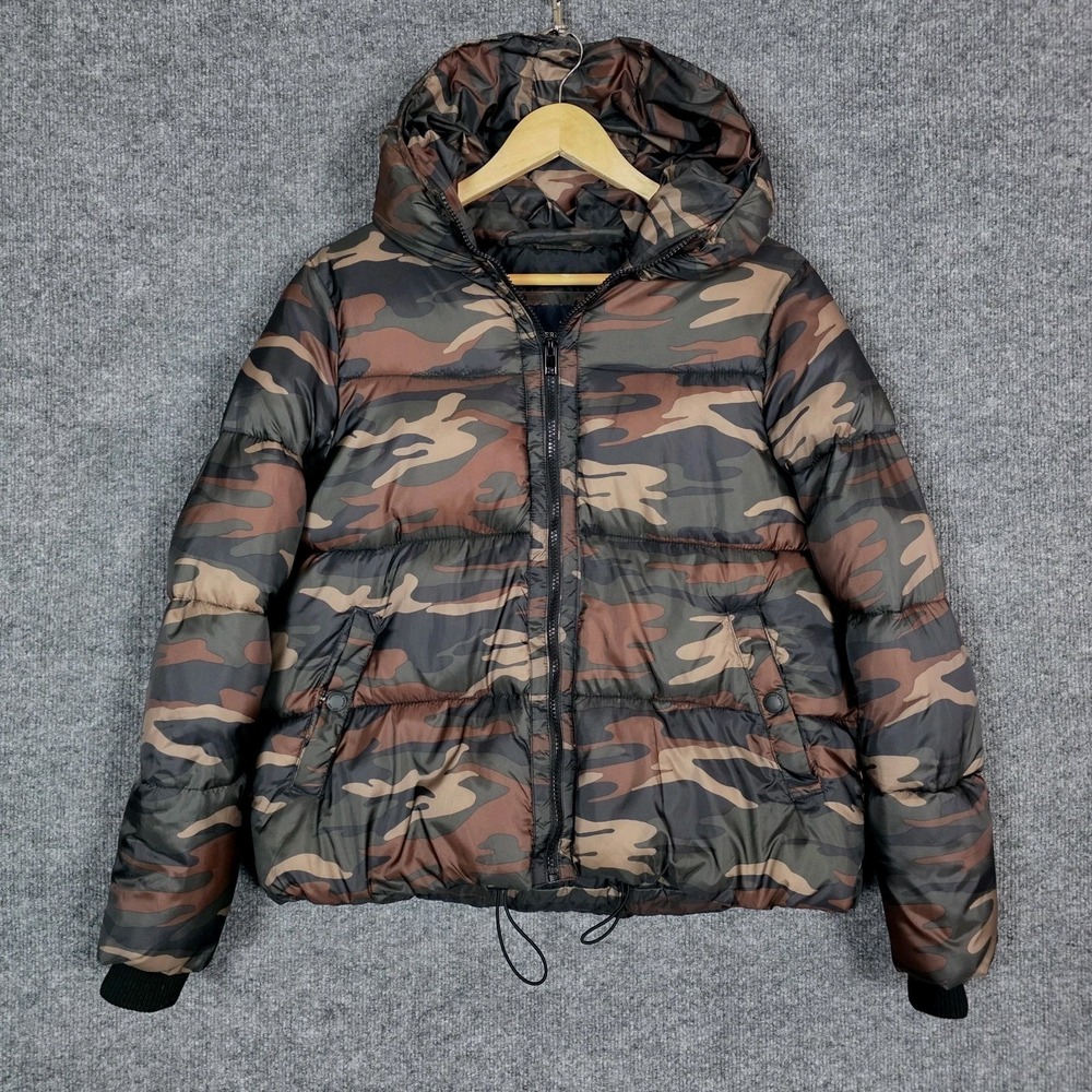 American Eagle AE Puffer Jacket Womens M Camo Green Cropped Hooded Coat Medium